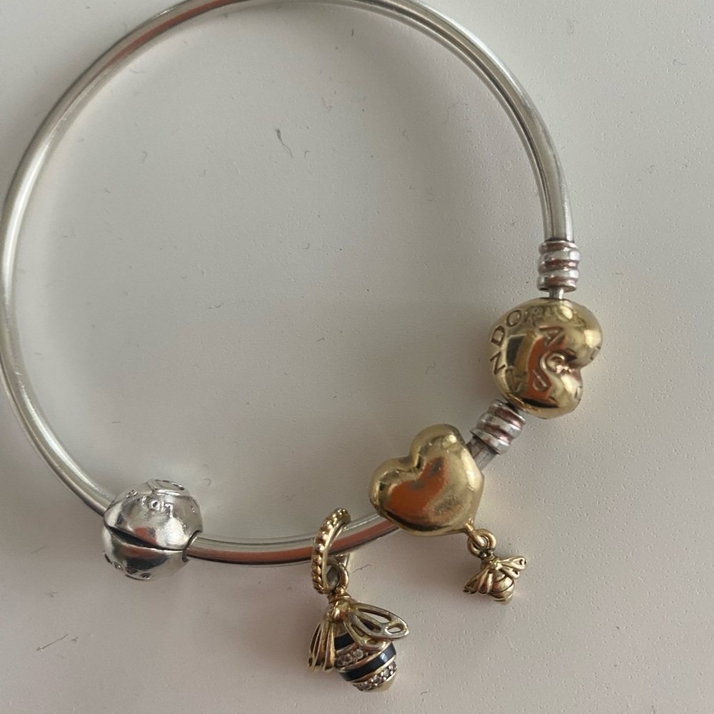 Authendic Pandora Silver Bracelet with Gold Heart Charms